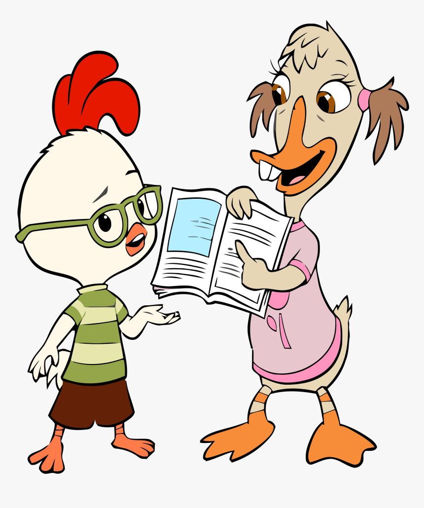 A cartoon chicken with glasses and a duck holding an open book, appearing to read together.