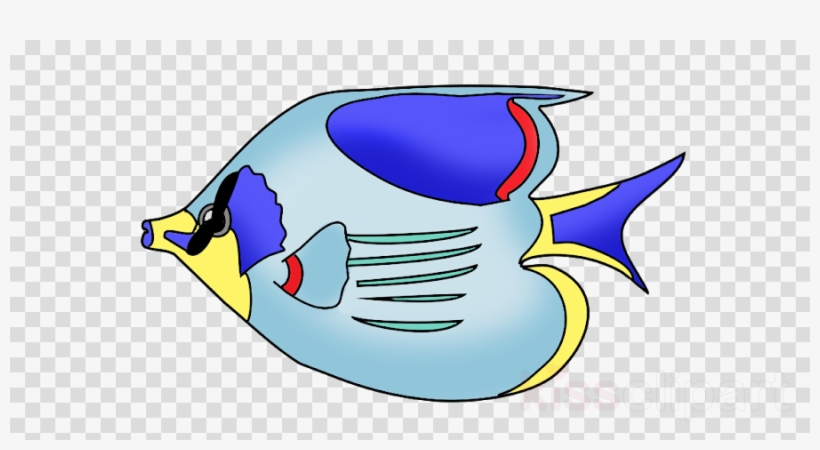 Colorful cartoon angelfish with blue, yellow, and red markings on a transparent background.