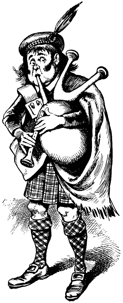 A cartoonish Scottish bagpiper in traditional kilt and feathered bonnet, playing with exaggerated expression.