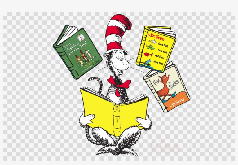 The Cat in the Hat reading a yellow book, surrounded by floating Dr. Seuss titles including "One Fish Two Fish" and "Fox in Socks".