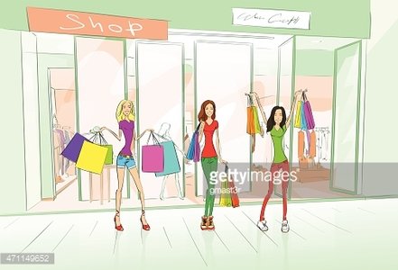 Three smiling women holding colorful shopping bags outside a boutique storefront labeled "Shop".