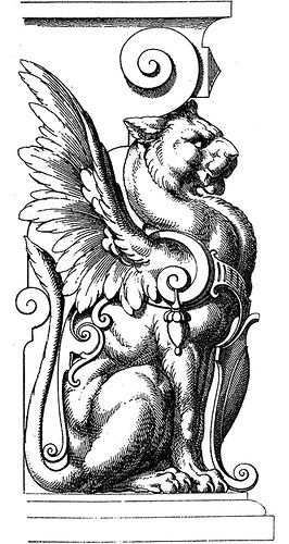 Winged griffin sculpture in ornate classical column capital, detailed engraving style.