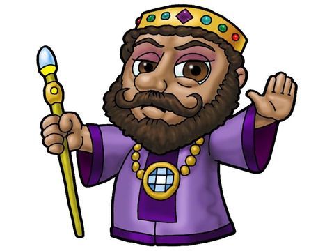 Cartoon king with crown, beard, purple robe, holding golden scepter and gesturing.
