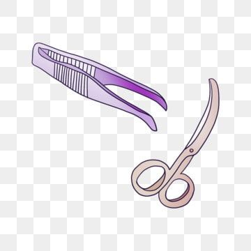 Illustration of purple comb-tipped tweezers and pink rounded-tip scissors on transparent background.