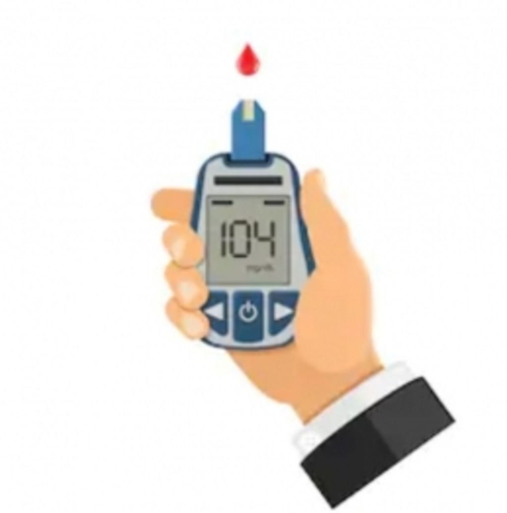 Hand holding a glucose meter displaying 104 mg/dL with a blood drop on the test strip.