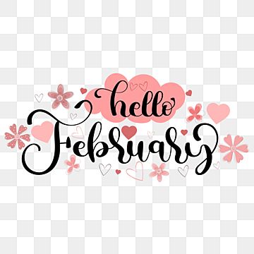 "Hello February" decorative text with pink hearts, flowers, and script font on transparent background.