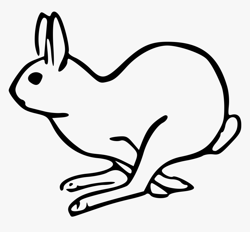 Simple black-and-white line drawing of a sitting rabbit in profile, with upright ears and visible front paws.