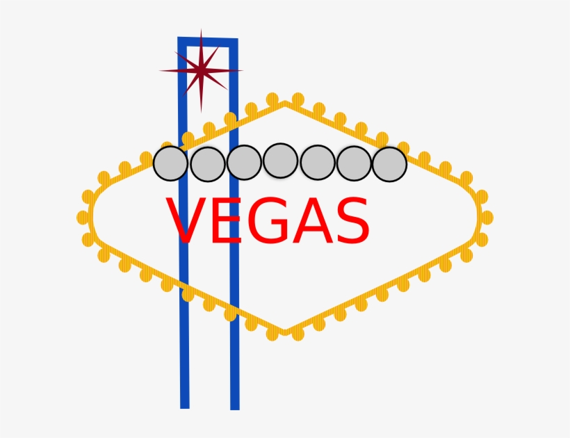 Iconic Las Vegas sign with red "VEGAS" text, gold trim, blue poles, and starburst emblem.