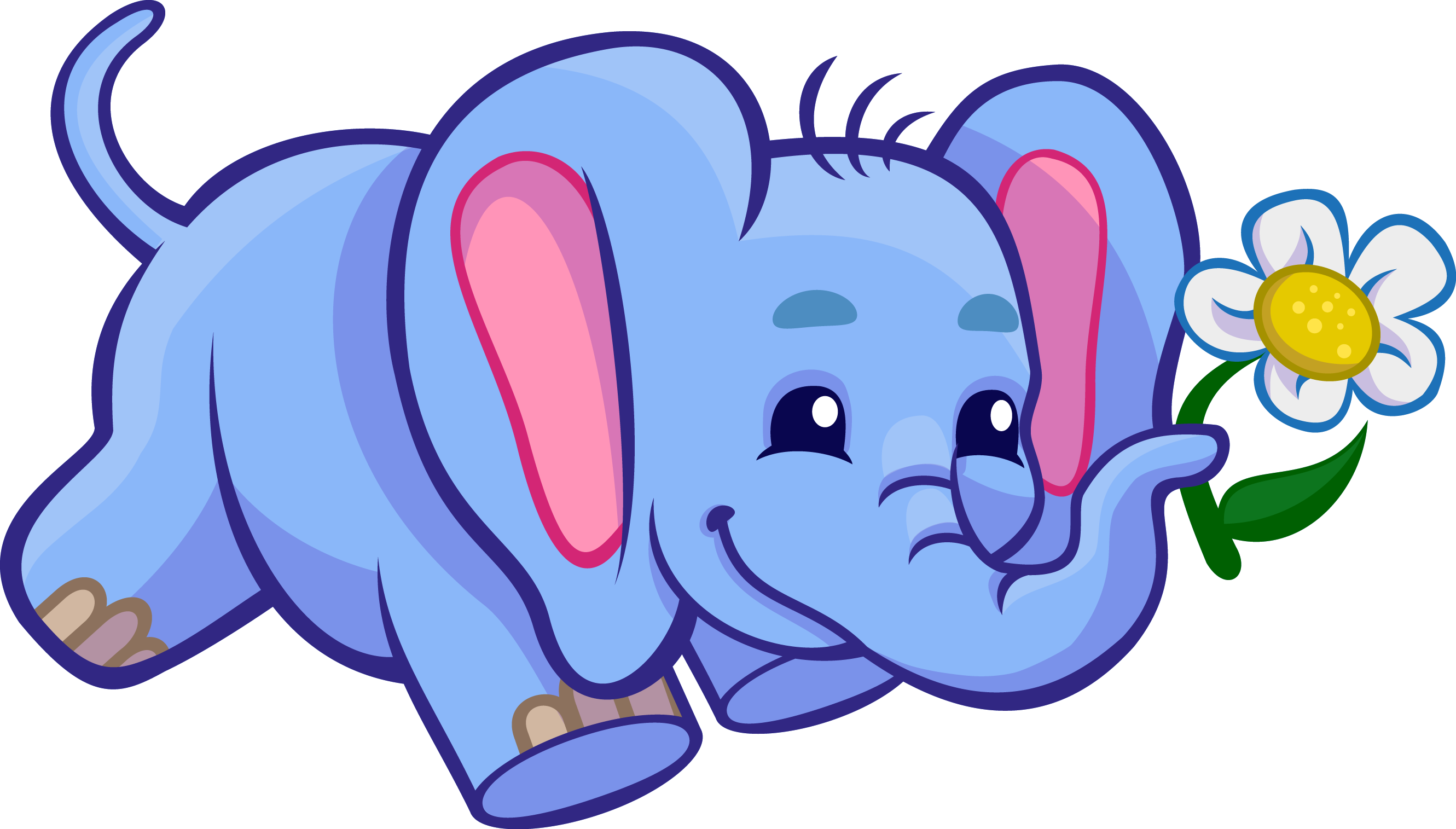 Cute blue baby elephant holding a white daisy with pink ears and a smiling face.