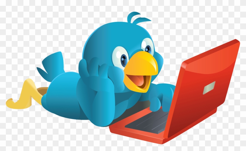 Blue cartoon bird using a red laptop with excited expression, lying on its stomach.