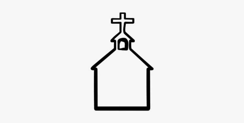 Simple black-and-white line drawing of a church with a cross-topped steeple and bell window.