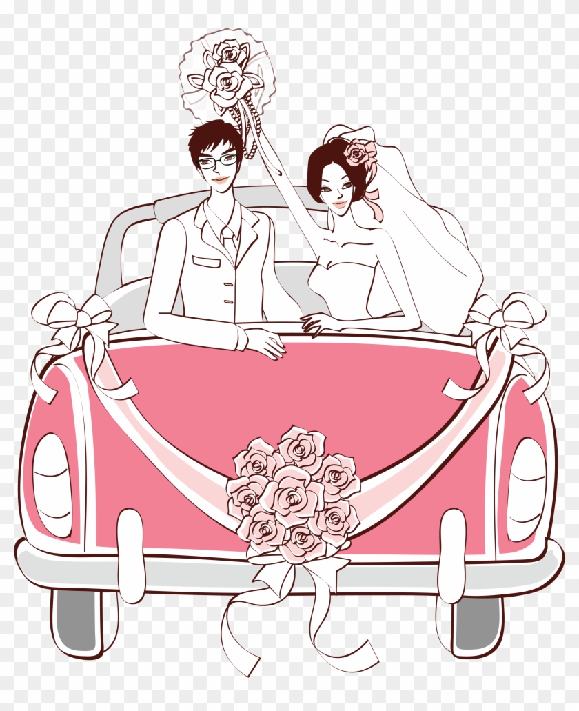 Vintage Wedding Car Illustration - Bride & Groom Celebration Clipart