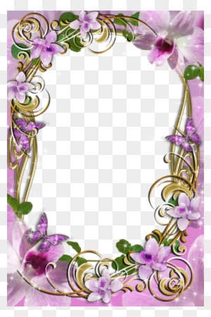Elegant floral frame with purple orchids, gold swirls, and butterflies on a soft pink background.