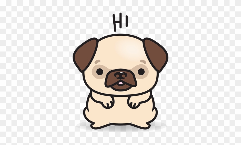 Cute cartoon pug waving with "Hi" above its head, beige fur and brown ears on transparent background.