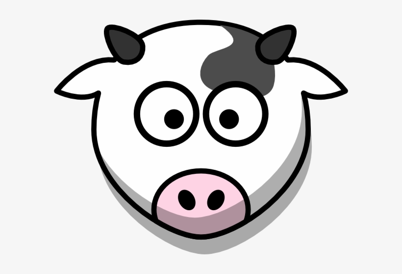 Cartoon cow face with large eyes, pink nose, and black-and-white patches.