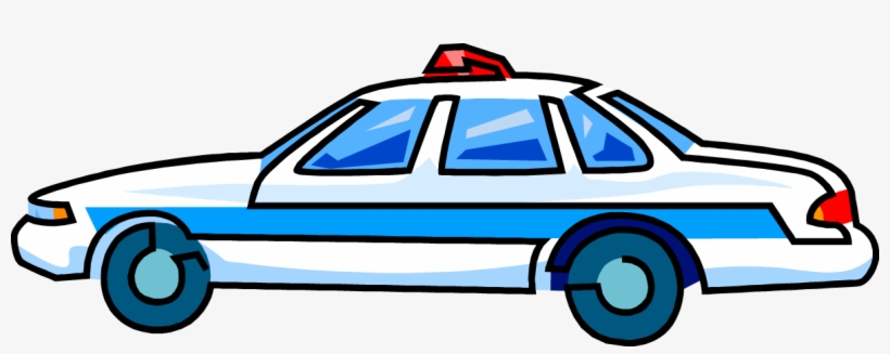 Cartoon-style white police car with blue stripe, red siren light, and tinted windows.