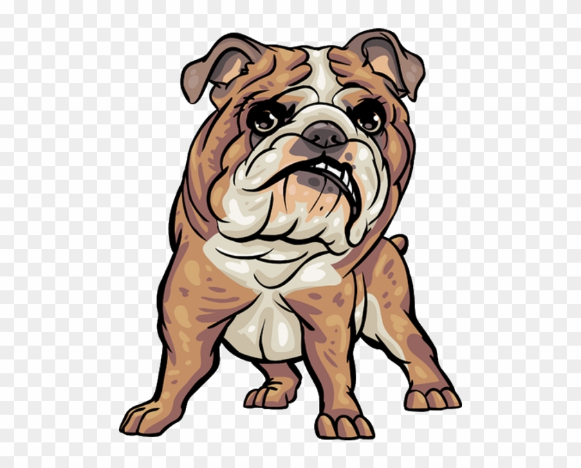 Cartoon English Bulldog with expressive eyes and wrinkled face, standing alert on transparent background.