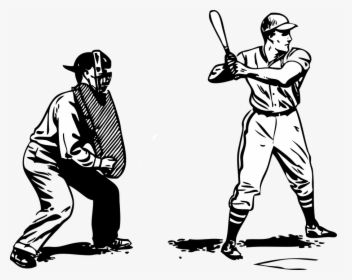 Black-and-white line drawing of a baseball catcher in gear crouching behind a batter at the plate, ready for pitch.