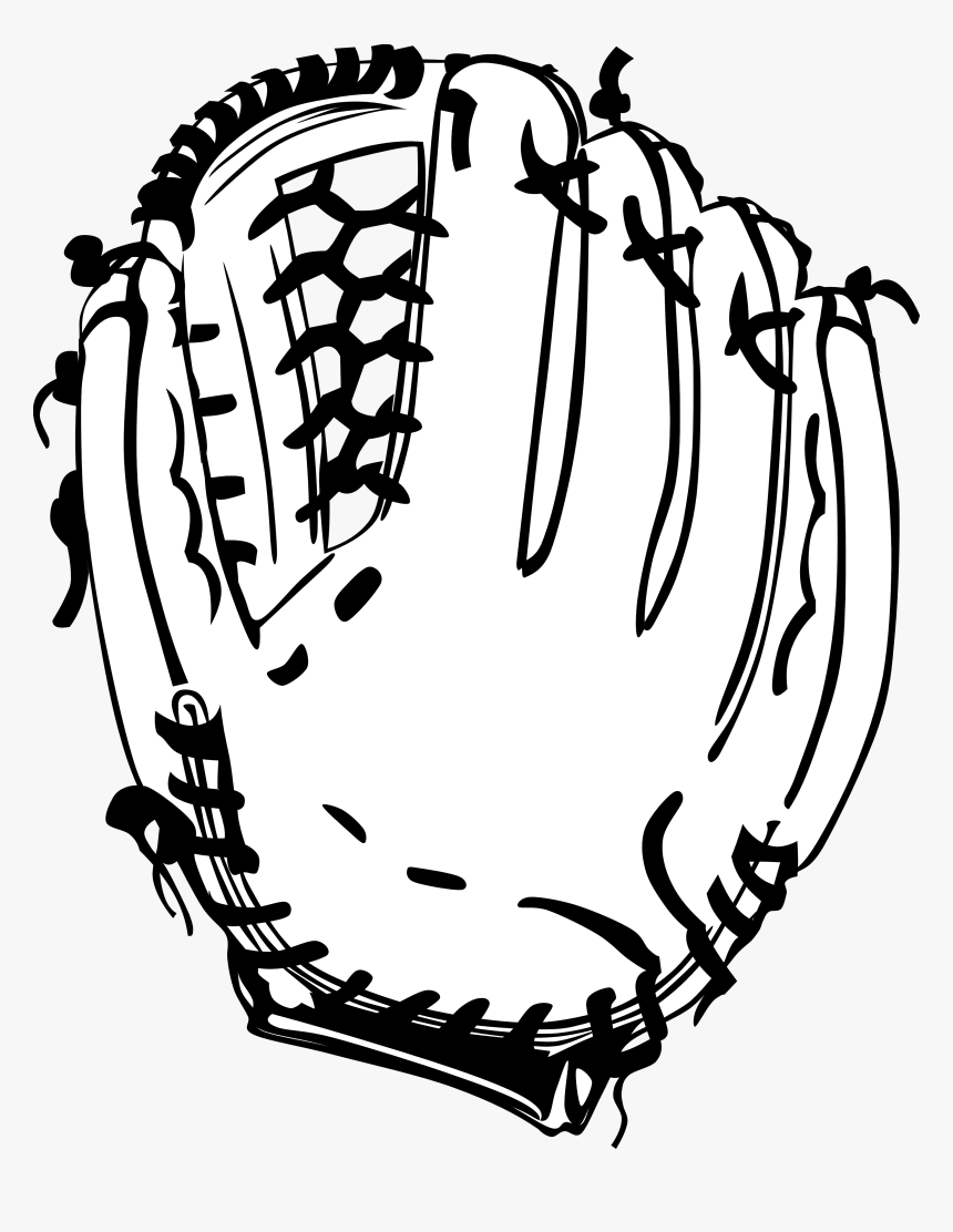 Black-and-white line drawing of a classic baseball glove with detailed lacing and finger pockets.