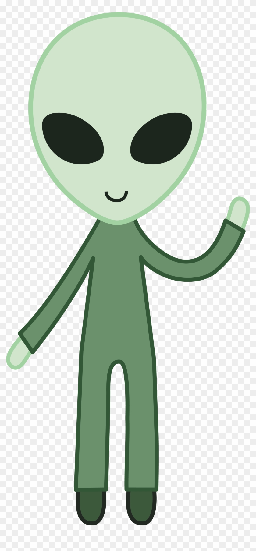 Friendly green alien waving with large black eyes and a smile, cartoon-style illustration on transparent background.