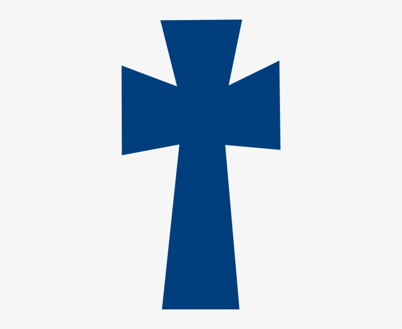 Blue stylized Christian cross with flared arms and base, set against a light background.