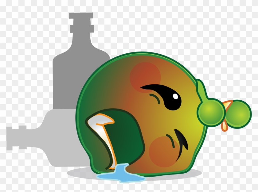 A cartoon green fruit character with a winking eye, drooling, and lying beside two gray alcohol bottles on a checkered background.
