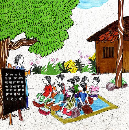 A teacher teaches children Hindi alphabets outdoors under a tree, using a chalkboard and books on a mat.