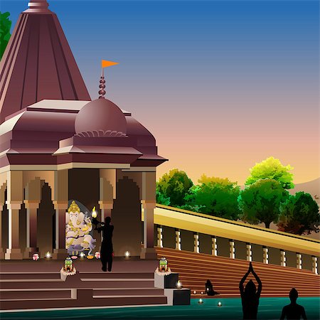 A serene temple at dusk with devotees performing aarti and meditating near a sacred pond, featuring Lord Ganesha idol.
