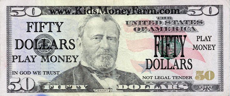 Fake $50 play money bill featuring Ulysses S. Grant, labeled "Not Legal Tender" and "Play Money", from KidsMoneyFarm.com.