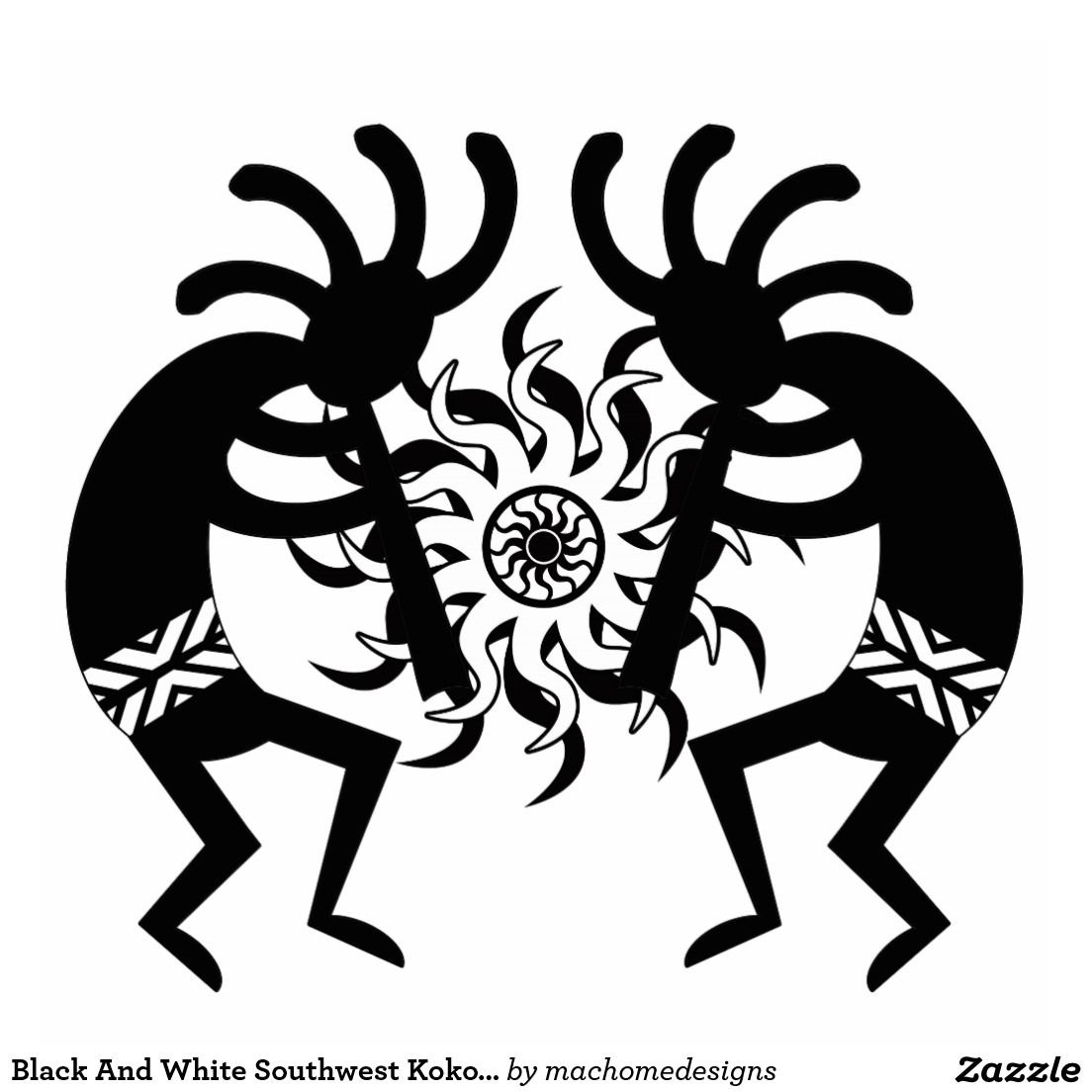 Black and white stylized Southwest Koko figures flanking a sun symbol, with geometric patterns and ceremonial posture.