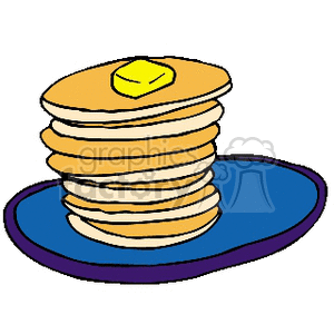Stack of golden pancakes with butter on top, served on a blue plate.