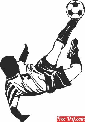 Soccer player performing a bicycle kick, mid-air with ball above head, black-and-white vector illustration.
