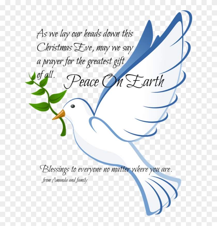 White dove with olive branch and "Peace On Earth" text, Christmas Eve prayer message.