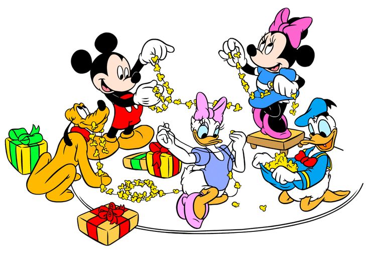 Classic Disney Characters Celebrating with Popcorn and Presents