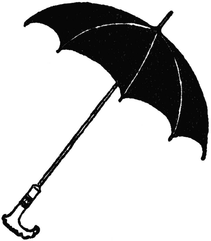 Black silhouette of a classic open umbrella with curved handle and ribbed canopy.