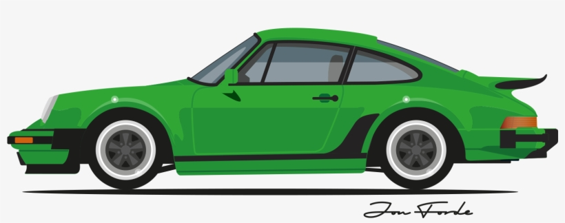Green Porsche 911 Turbo (930) side profile illustration with black stripes and whale-tail spoiler.