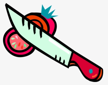 Cartoon knife slicing tomato, onion, and parsley-vibrant food prep illustration.