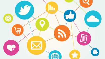 Colorful icons representing social media, communication, and digital services interconnected in a network diagram.