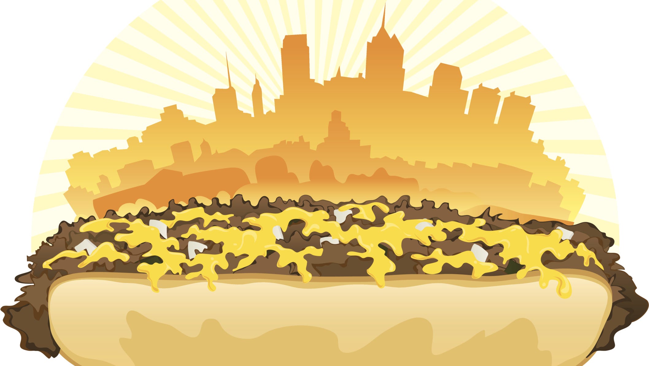 A Philly cheesesteak with melted cheese and onions, set against a golden city skyline at sunrise.