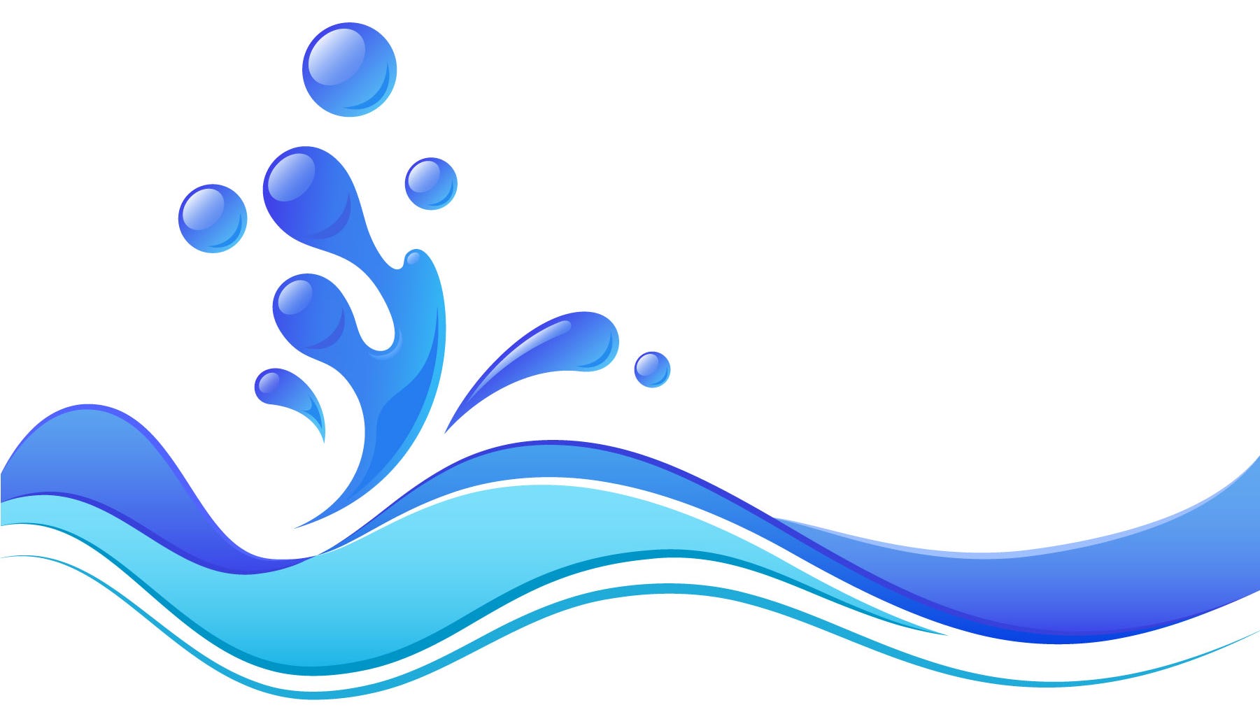 Blue water splash with droplets and flowing waves on white background