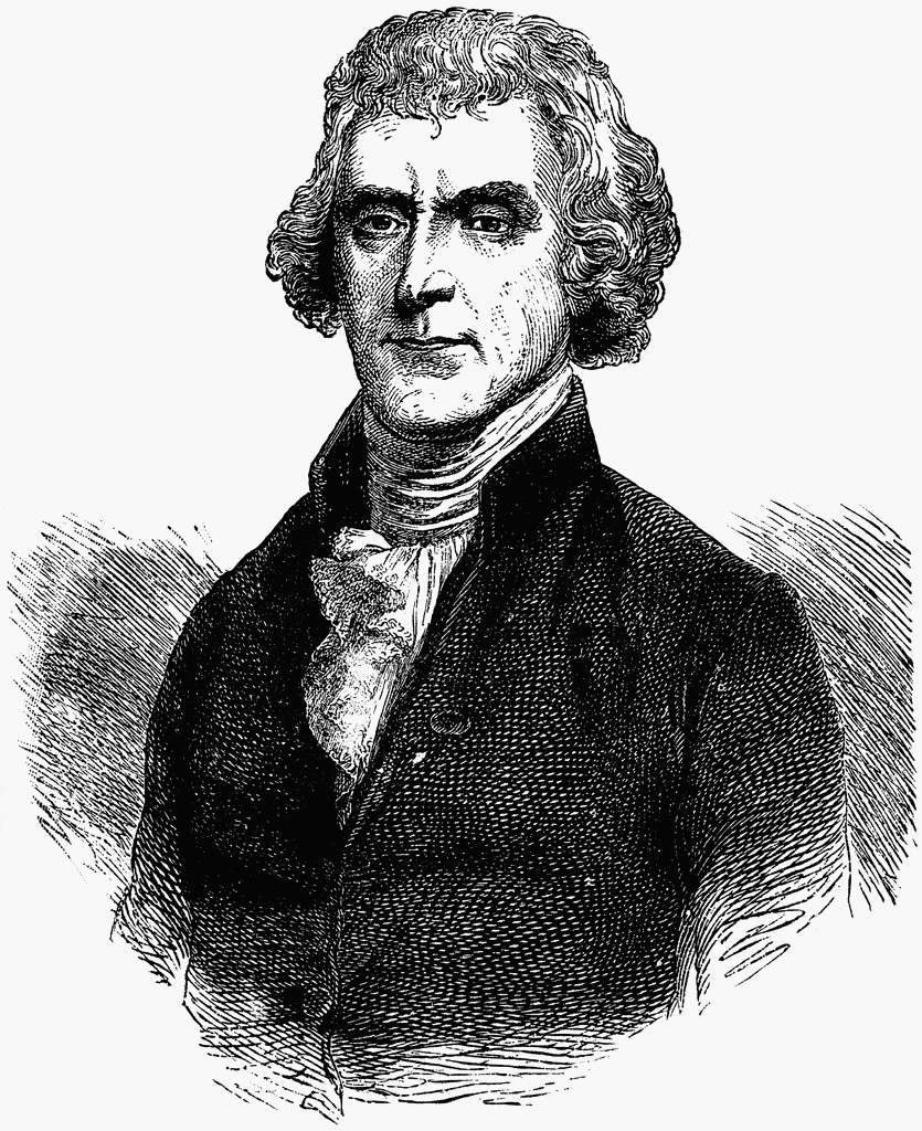 Engraved portrait of Thomas Jefferson, third U.S. President, with curly hair and formal 18th-century attire.