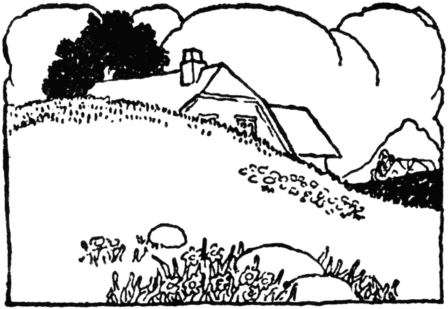 Rustic Cottage Illustration - Vintage Line Art Landscape