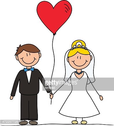 Cartoon bride and groom holding hands with a red heart balloon.