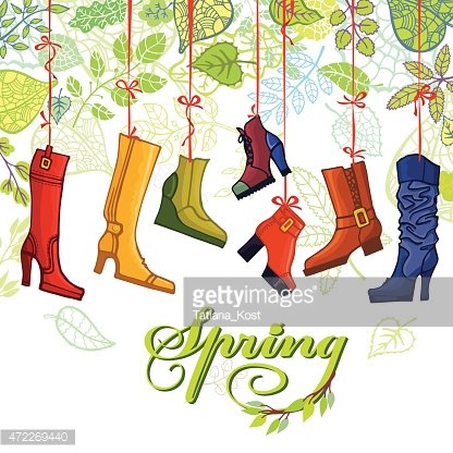 Colorful spring boots hanging from ribbons among leafy green vines with "Spring" script below.