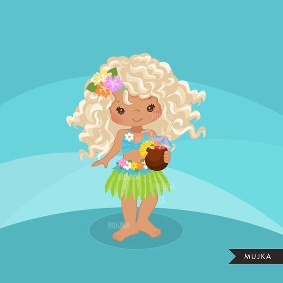 Charming cartoon girl with curly blonde hair, floral crown, hula skirt, and coconut drink on blue background.