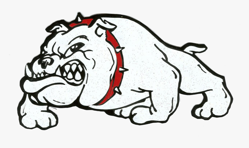 Aggressive white bulldog mascot with red spiked collar, baring teeth in a fierce stance.