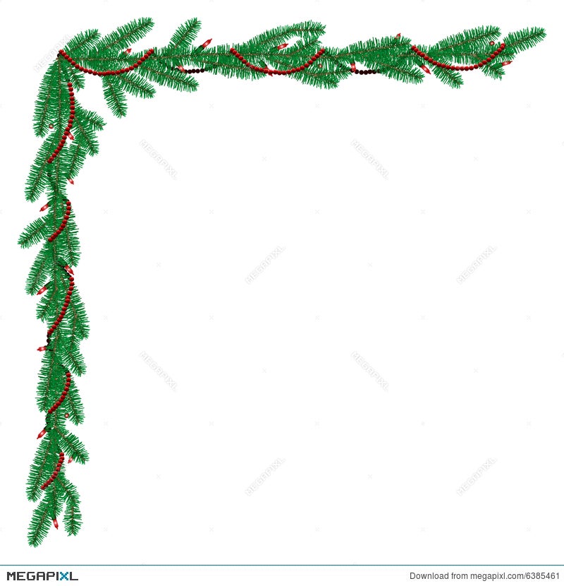 Festive green pine garland with red berries and beads forming a corner border on white background.