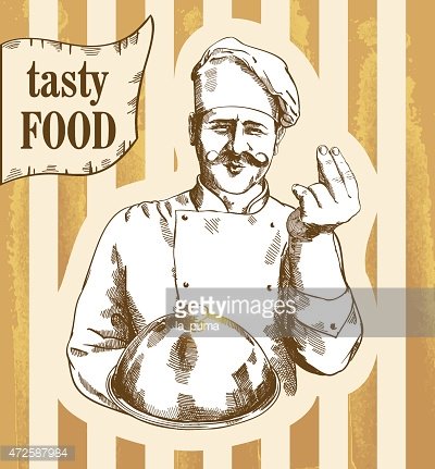 Vintage-style illustration of a smiling chef in uniform holding a covered platter, with "tasty FOOD" banner above.
