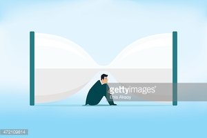 A man sits contemplatively inside a giant open book, symbolizing learning, reflection, or being overwhelmed by knowledge.