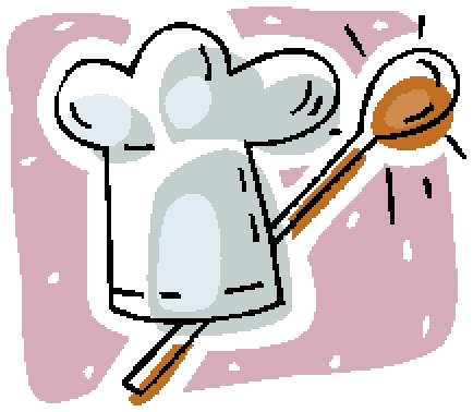 Cartoon chef's hat with wooden spoon on pink background, symbolizing cooking or culinary arts.